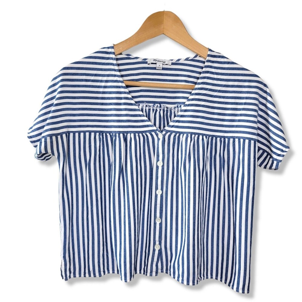 MADEWELL Rhyme Button-Front Top In Blue and White Stripes Women XS Lightweight